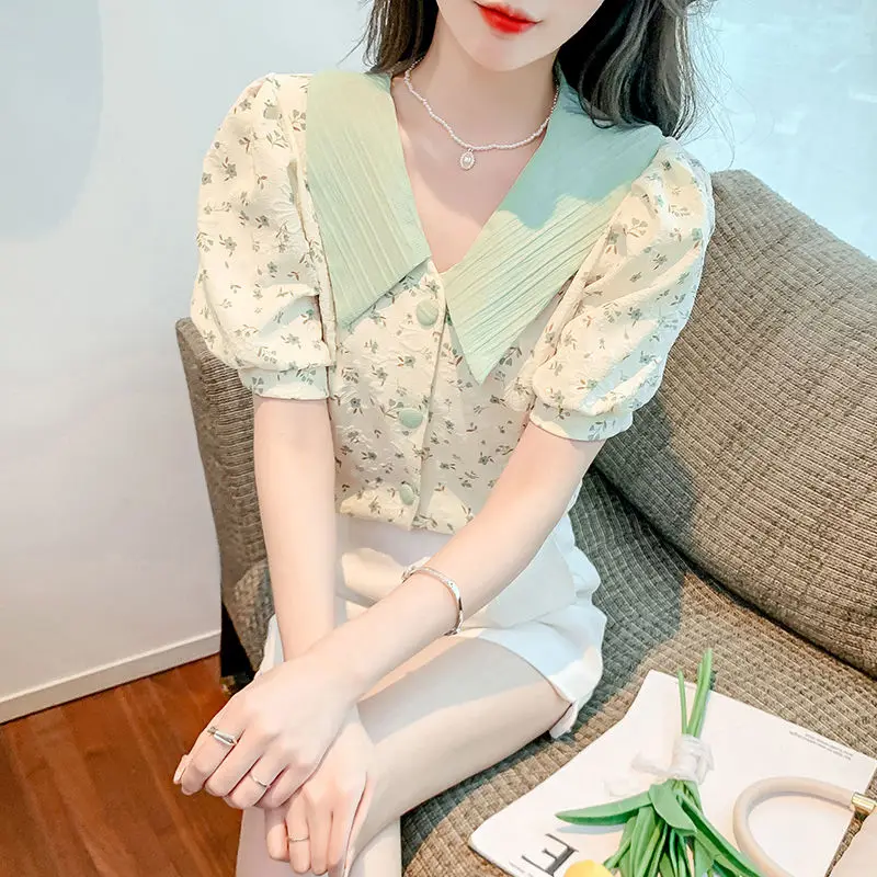 Shirts Women Peter Pan Collar Sweet Puff Sleeve Floral Vintage Korean Youth Style Summer New Casual Fashion Female Clothing 2022