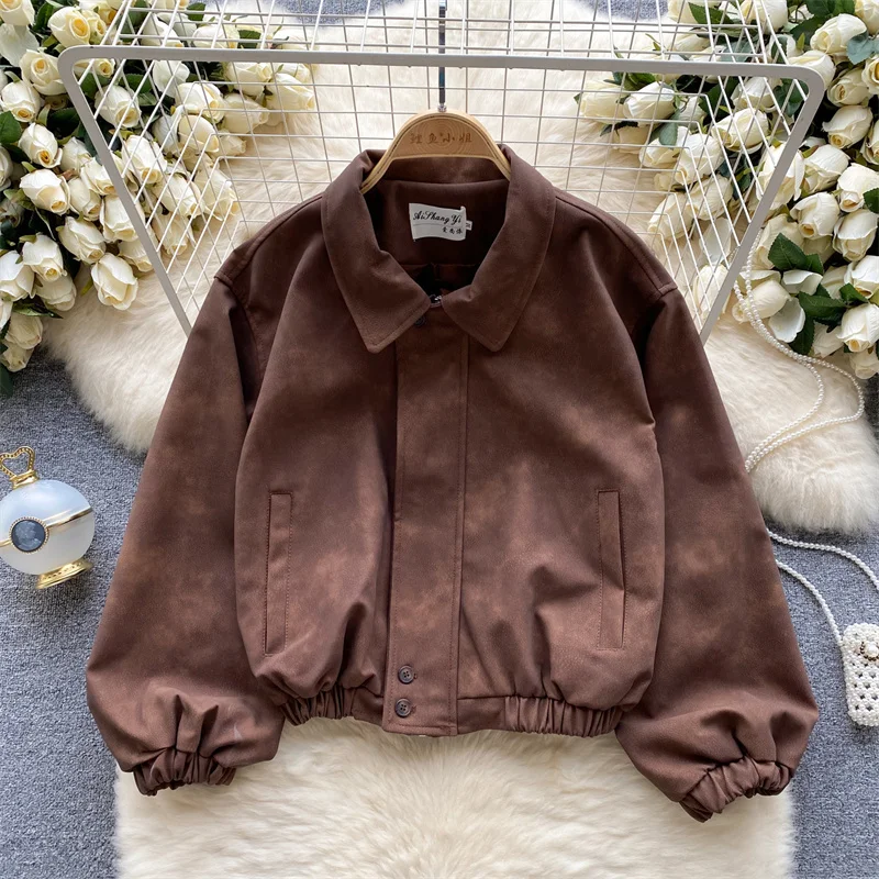 

2023 Korean Women Short Faux Suede Jacket Casual Lapel Long Sleeve Female Motorcycle Biker Jacket Spring Autumn New Streetwear