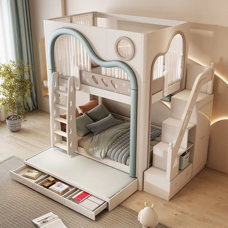 Children on and off the bed Boys solid wood multi-functional high and low bed Modern simple mother and child bed Upper
