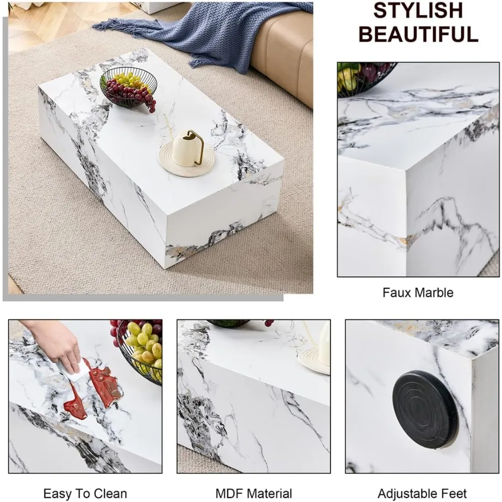 Coffee Table Living Room Table, Modern White Faux Marble Center Couch Table, Free-Installation, Small Space