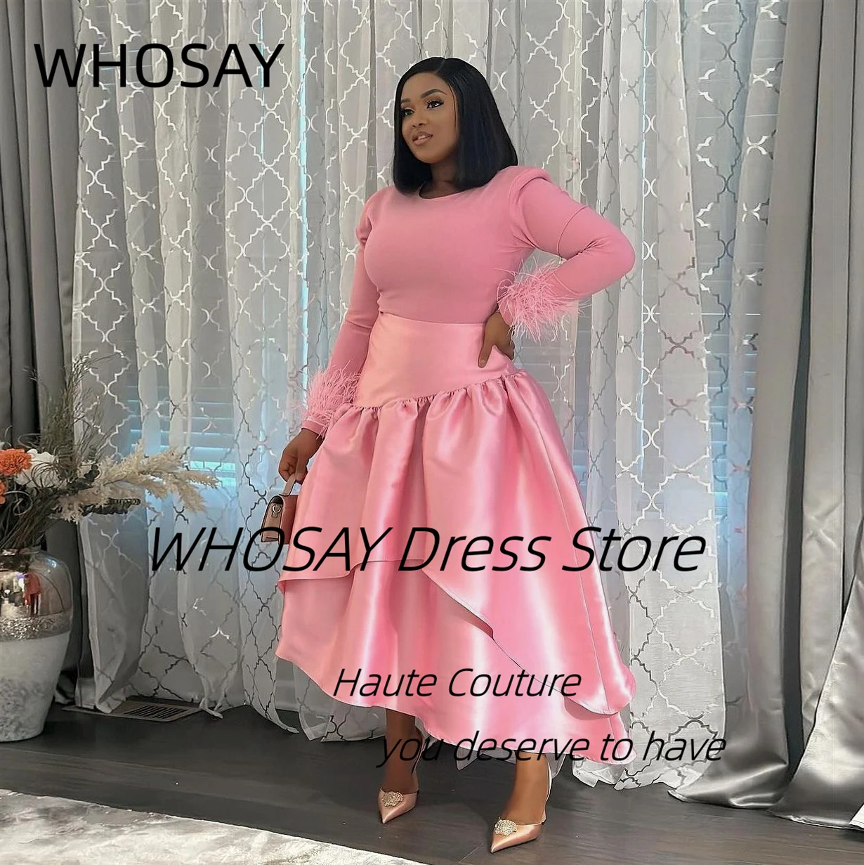 WHOSAY Saudi Party Women Wear Long Sleeves Prom Dresses with Feathers Tiered Evening Gowns Customized Special Party Dress