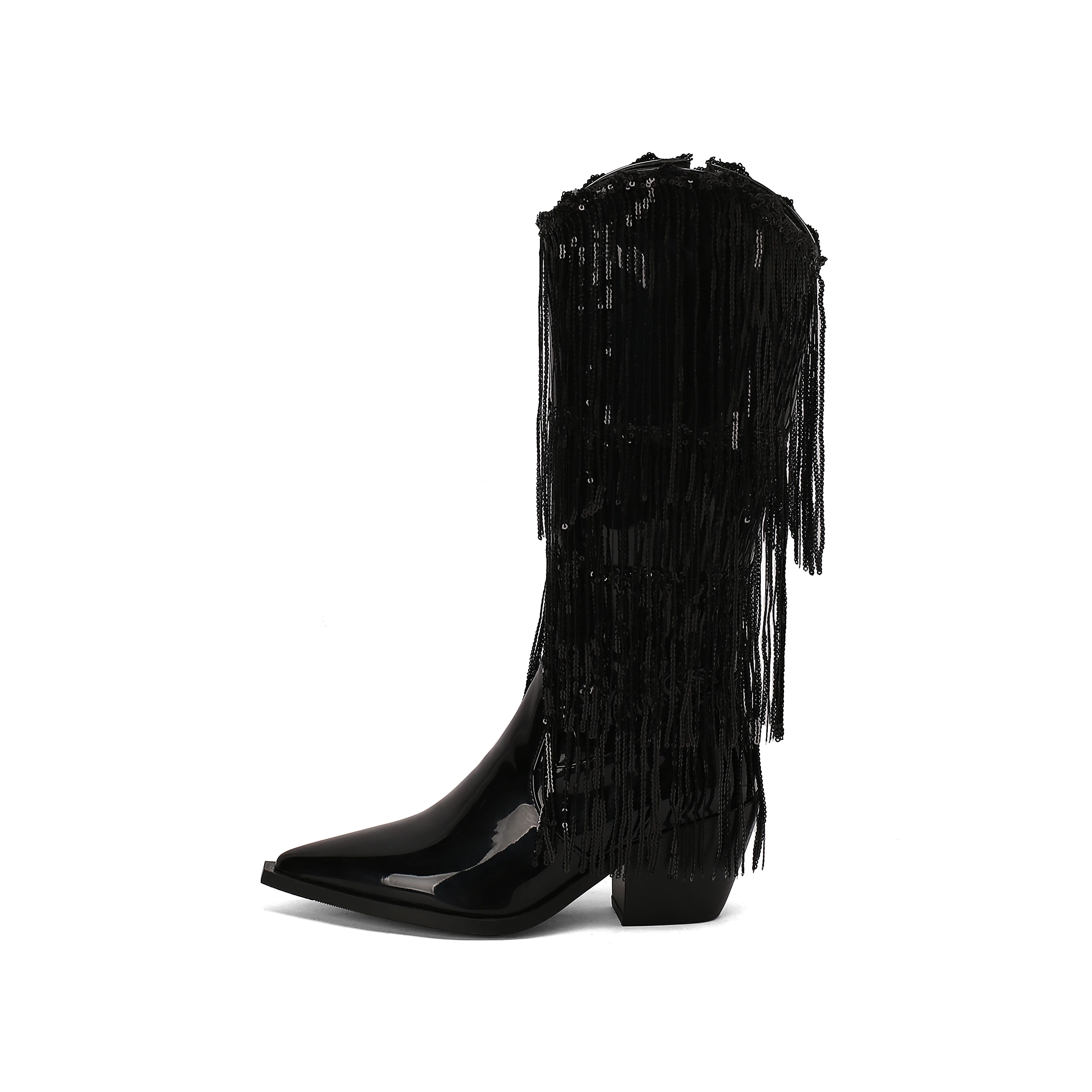 

2024 Fashion Large Size Daily New Women's Shoes Tassel Women's Boots Embroidered Solid Color Thick Heel Knight Boots