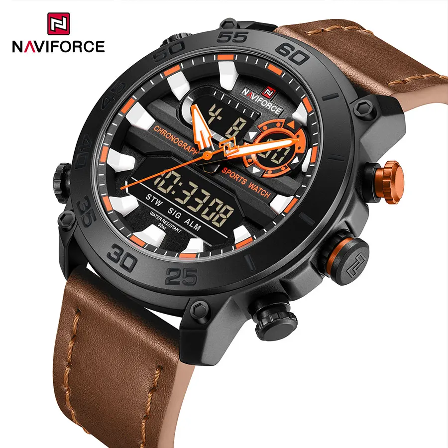 Quartz Wristwatches NAVIFORCE Fashion Mens Brand Waterproof Double Display Digital Watch Men Sport LCD Date Clock Leather Strap