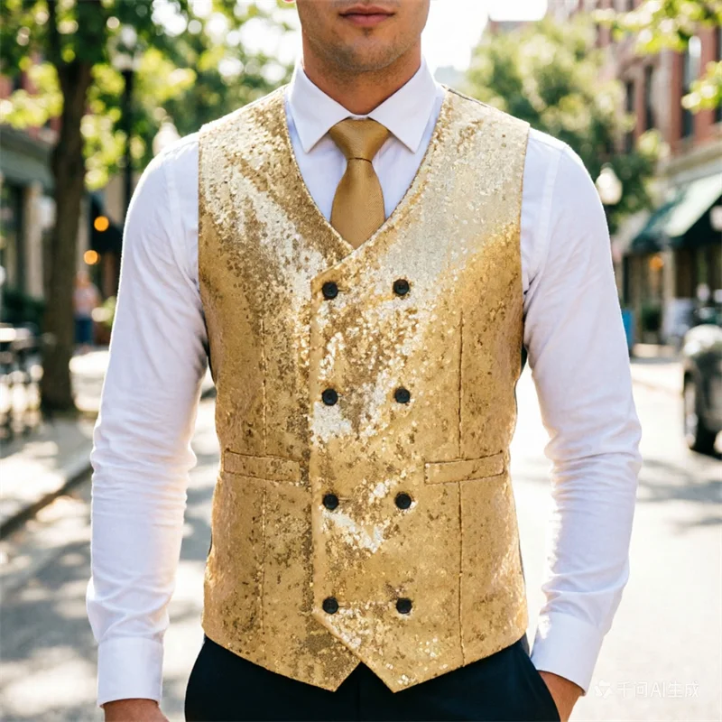 

Блестящий золотой жилет с пайетками, двубортный, специального дизайна, для выступлений, модные сценические костюмы для певцов и ведущих.