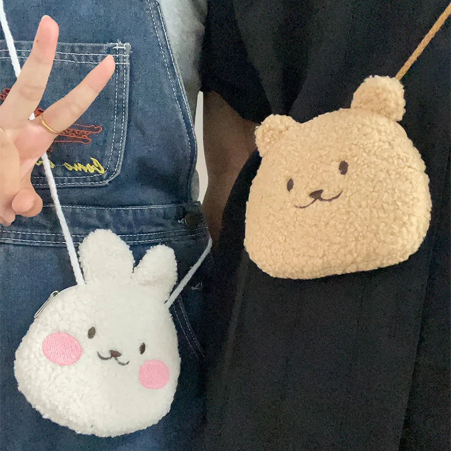 Cute Japanese and Korean style kawaii bag bear kids cartoon plush bag bag bunny crossbody bag mobile phone wallet storage bag