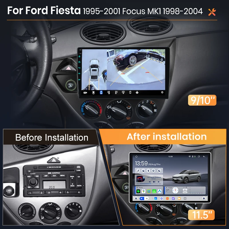 Autoradio sans fil AWESAFE CarPlay Android Auto pour Ford Fiesta 1995-2011, pour FOCUS MK1 1998 1999 2000-2004, stéréo multimédia DIN avec ventilateur de refroidissement intégré, navigation GPS, SWC, Bluetooth, FM, RDS, DSP, écran IPS, systèmes intelligents pour voiture, 4G, WiFi