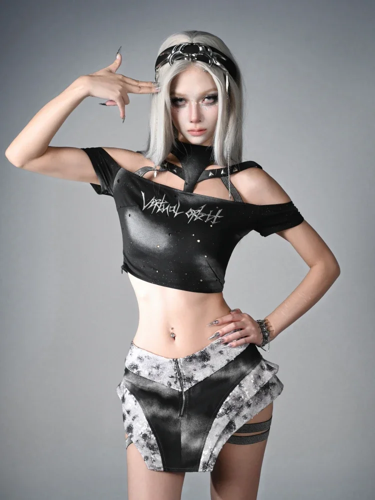 IMU original design y3k future printing removable mesh silver sleeve two ways summer shirt halter neck black punk gothic tshirt