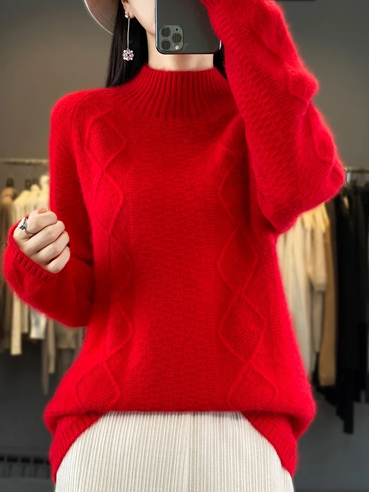 2024 New Autumn Winter Women Sweater Mock Neck 100% Pure Mink Cashmere Pullovers Knitwear Thick Warm Fashion Jumpers Clothing