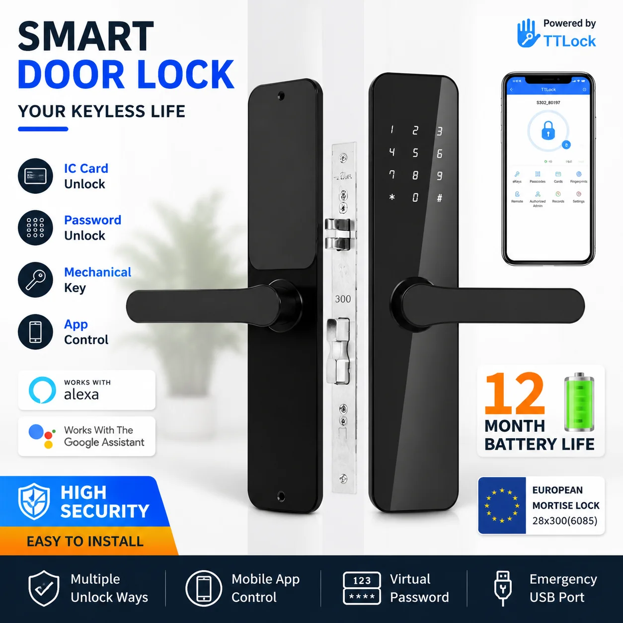 Intelligentes Türschloss mit TTlock/TThotel App, App-Steuerung, 6+ Monate Standby, EU-Lager, für Apartments, Hotels & Privathaushalte