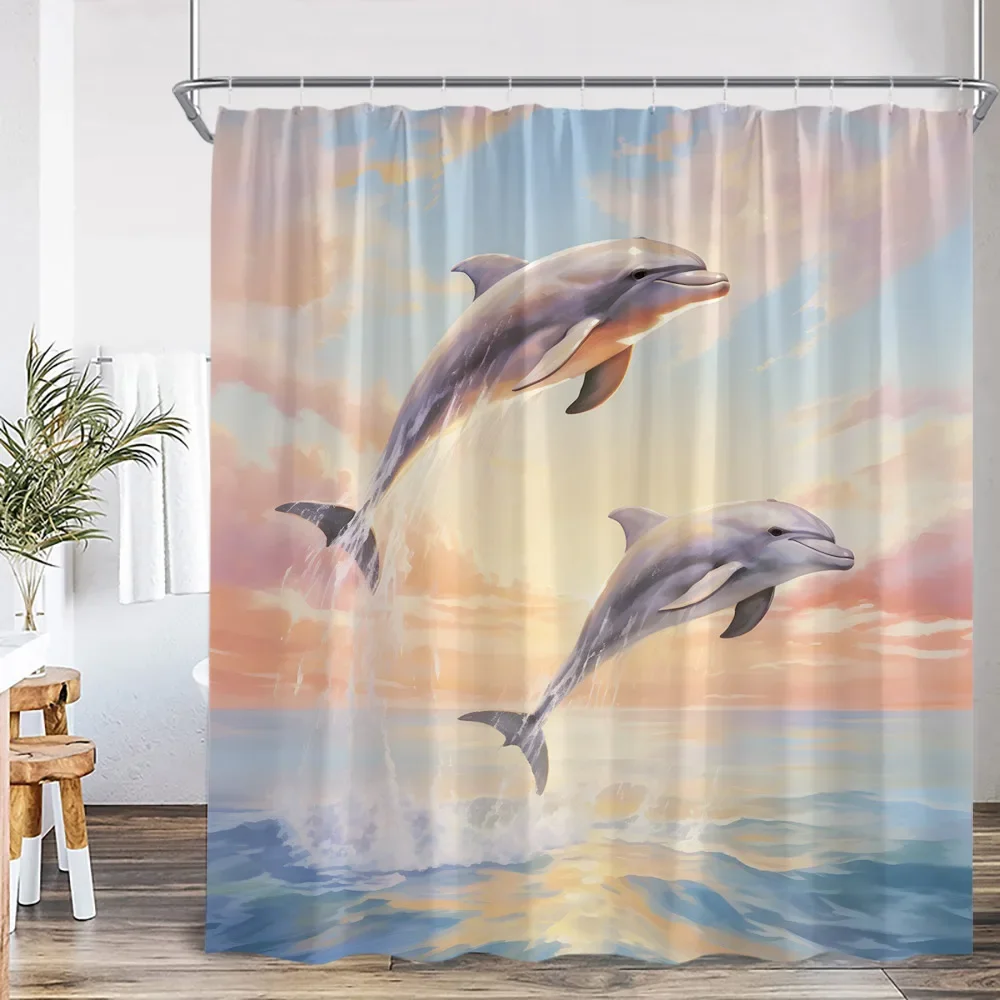 Ocean Animal Shower Curtain Blue Whale Dolphin Seahorse Marine Life Nature Bathroom Decor Sea Poltester Bath Curtain with Hooks