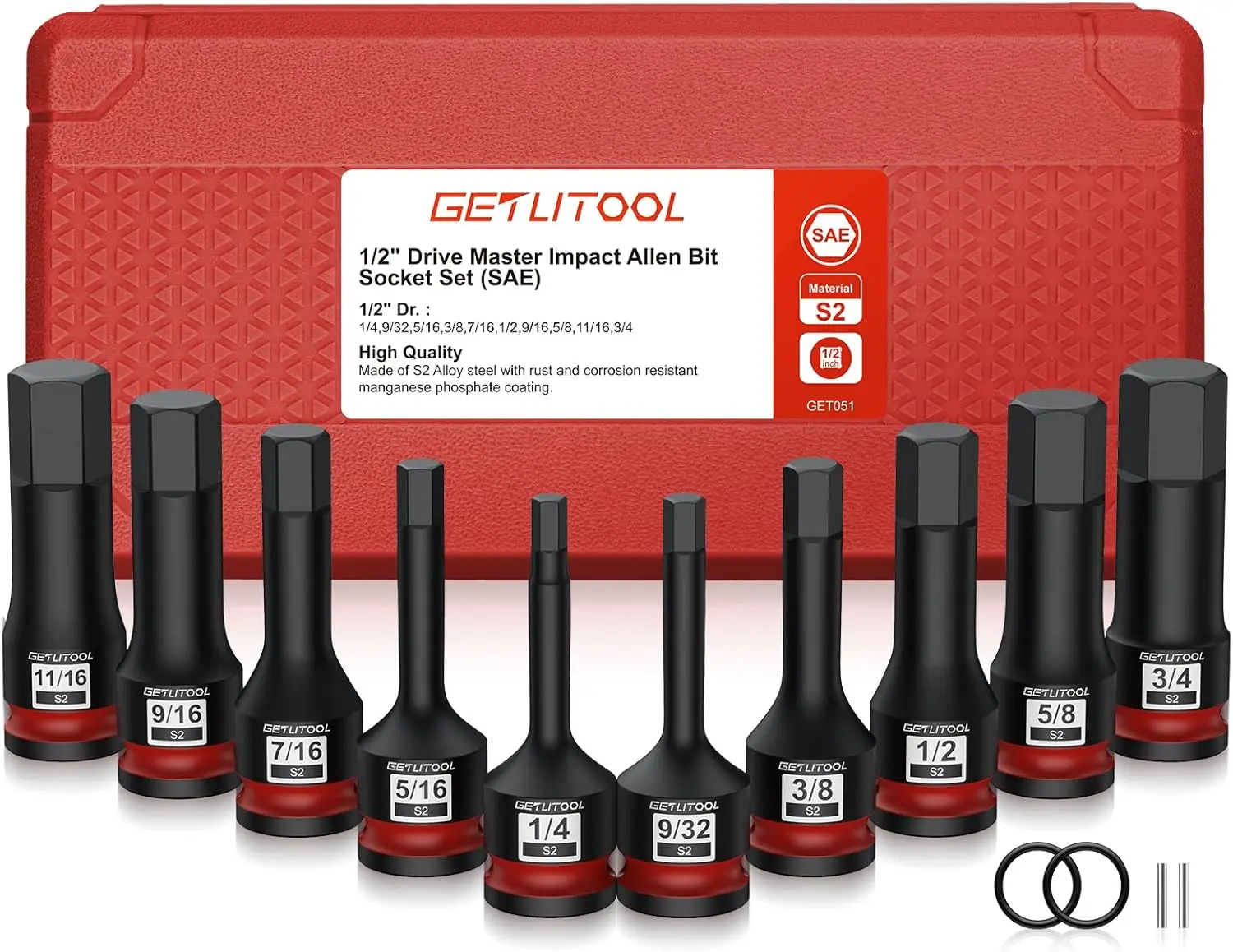 

10-Piece 1/2" Drive Impact Allen Bit Socket Set,GETLITOOL S2 Steel,Sizes 1/4”-3/4” with Case.