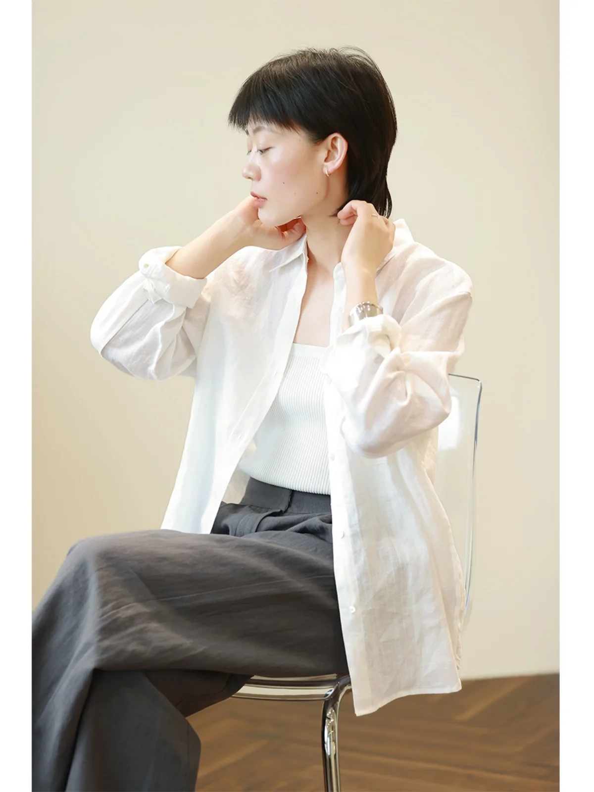 

Linen Long Sve irt Women's Loose Fit Breathable Summer New Sle Air Conditioning Top Comfortable Commute Sle Button D...