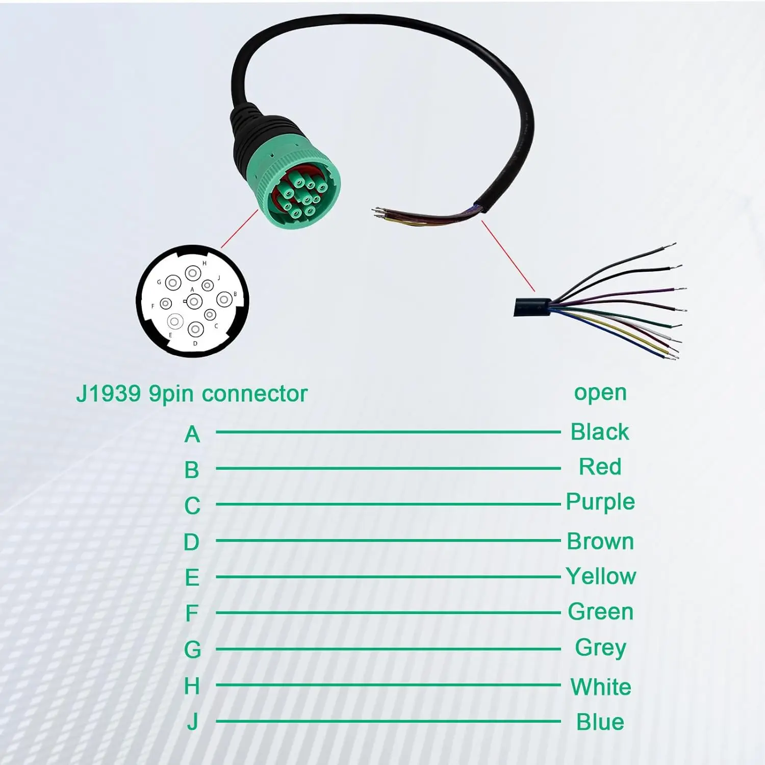 Green J1939 9 Pin to Open Cable Adapter Diagnostic Cable Connector for Heavy Duty Trucks and Commercial Vehicles