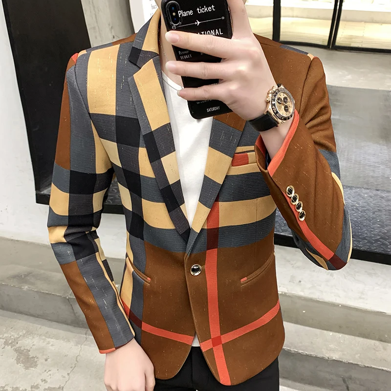 2023 Fashion New Men\'s Casual Suit Jacket Boutique Business Dress Suit Coat British Style Male Houndstooth Grid Plaid Blazers