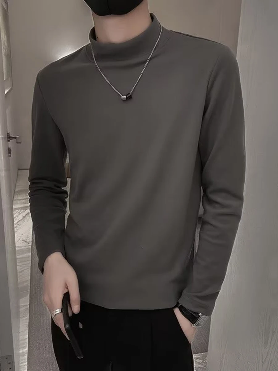 

Faionable Slim Fit Long Sve Men's Base irt f High Collar Pure Color Autumn Winter Casual Sle Versatile Inner Wear