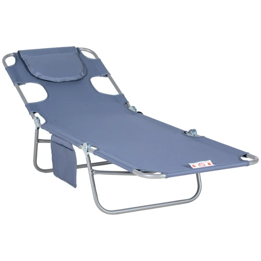 Folding Beach Lounge Chair with Face Hole and Arm Slots 5level Adjustable Sun Lounger Tanning Chair with Pillow for Patio Gard