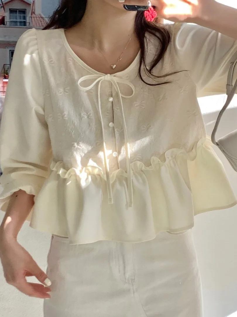 

Chic Spring Long Sve Ruffle Knot round Ne irt Women's Sweet Personali ort Top Korean Sle Loose Fit