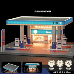 1/64 Scale Diorama Car Garage Model LED Lighting City Gas Station Backdrop Display Scene Model Collection Toy Gift