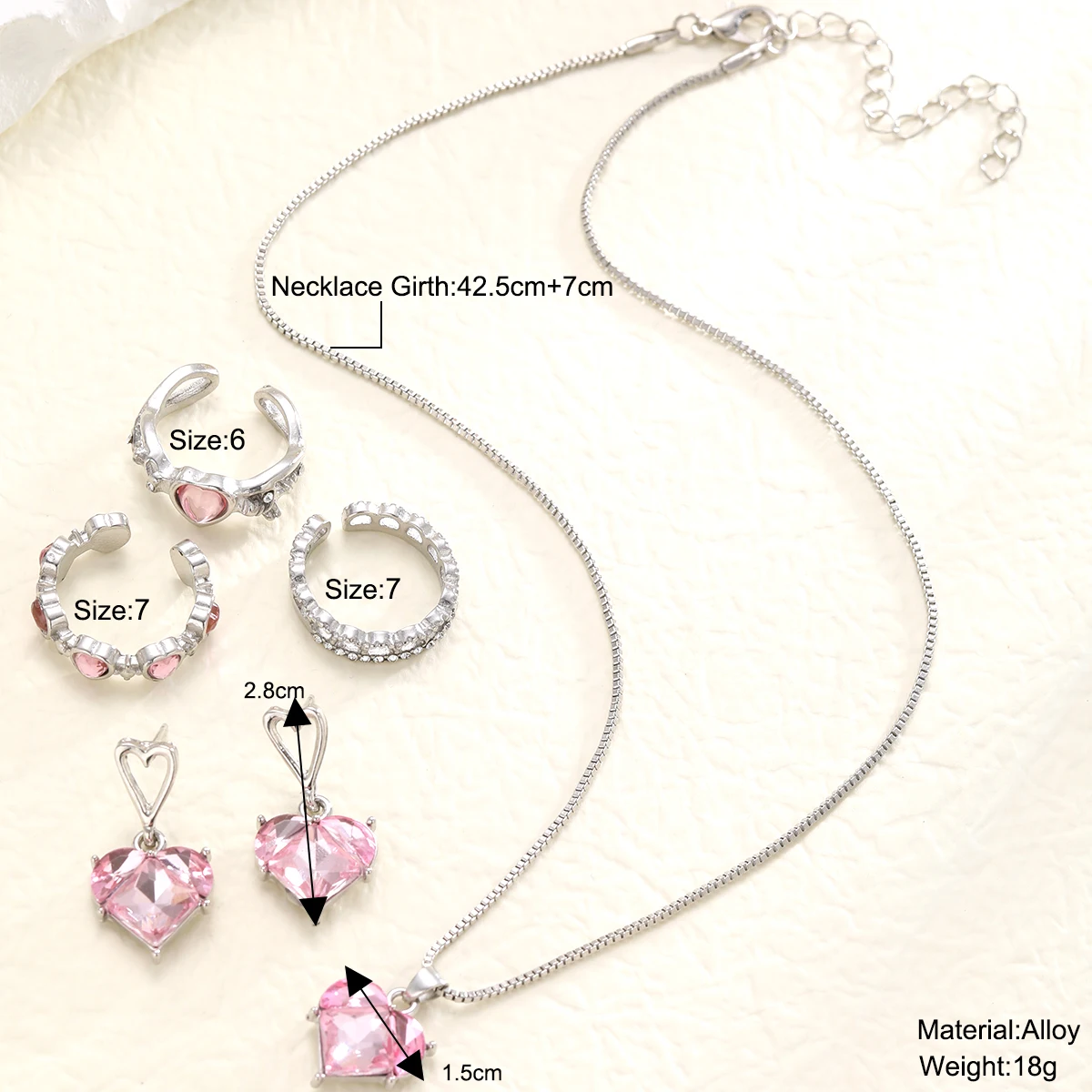 New Pink Crystal Heart Jewelry Set for Women Simple Y2K Zircon Love Elegant Pendant Necklaces Ring Drop Earring Girls Gifts 2024