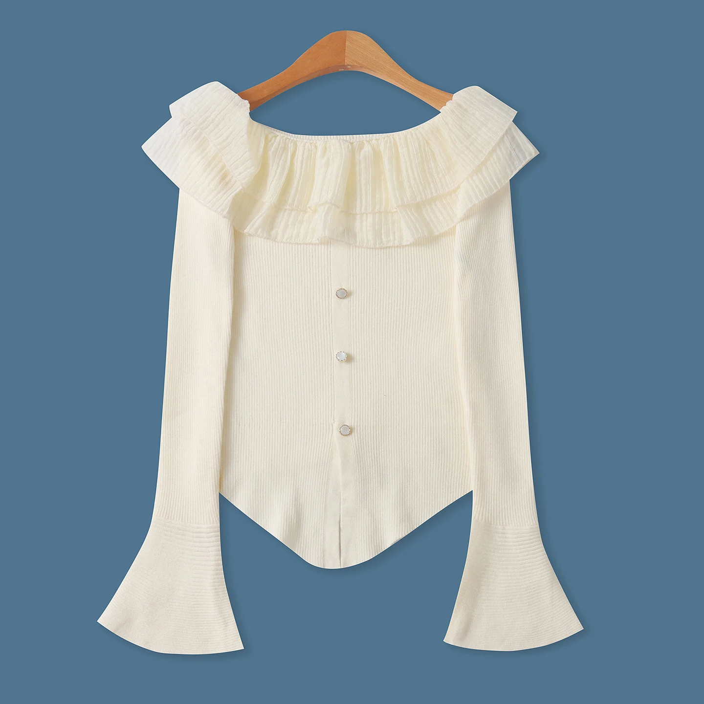 

Faionable Bell Sve Трикотаж Long Sve Slim Fit на одно плечо с рюшами по подолу Женские осенние новые повседневные рукава для поездок на работу