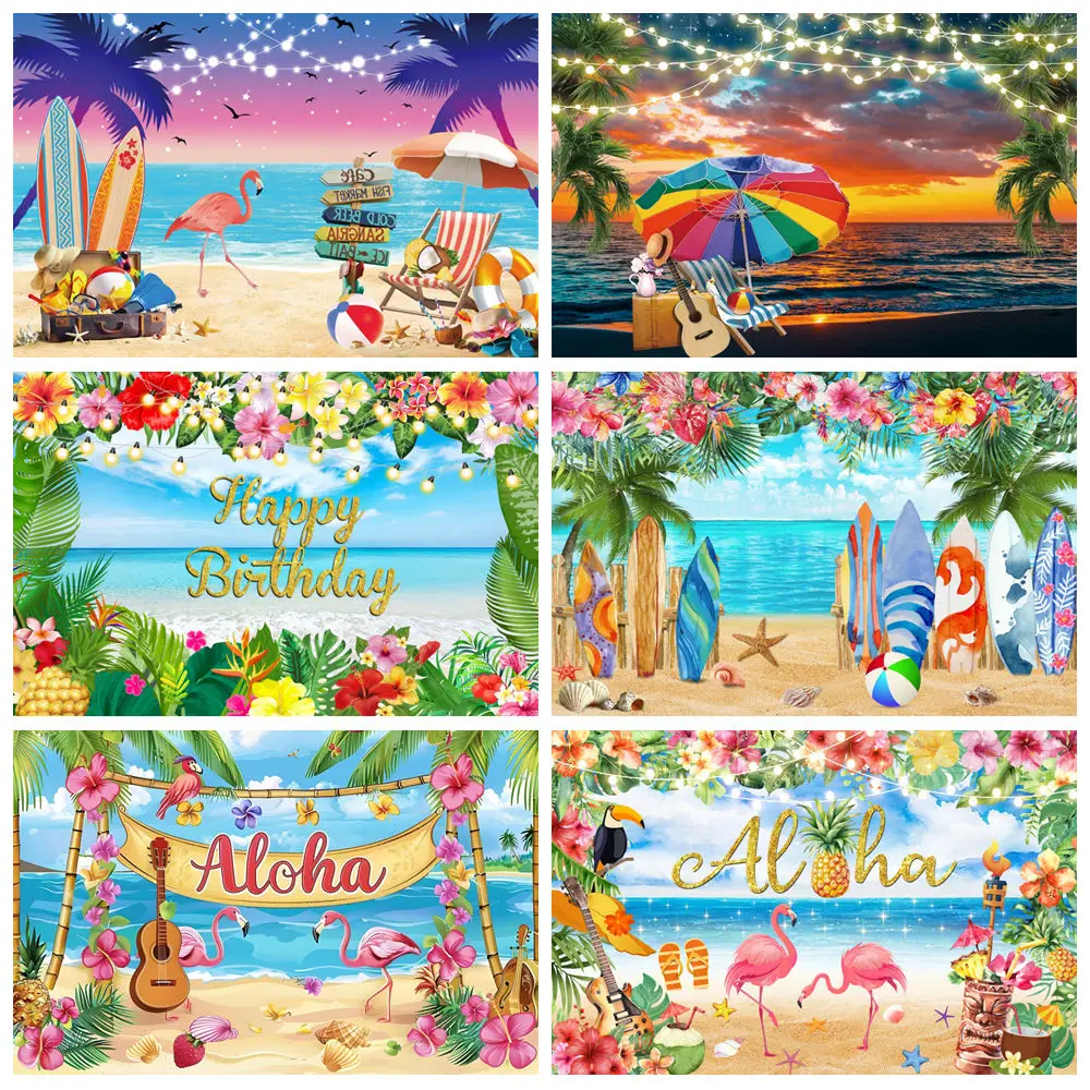 

Summer Hawaiian Photography Backdrop Flamingo Tropical Flowers Surfboard Palms Tree Baby Birthday Holiday Party Photo Background