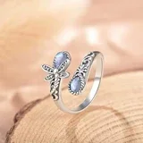 

Vintage Moonstone Butterfly Ring – Adjustable Silver Plated Ring with Natural Stone, Women's Boho Jewelry