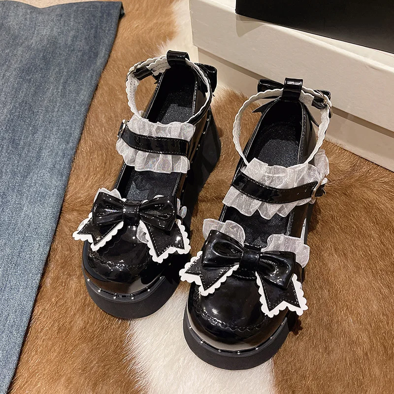 

Japanese Kawaii Punk Goth Chunky Platform Pumps Women Bowtie Wedges Mary Jane Lolita Shoes Woman Heart Ankle Buckle Black Shoes