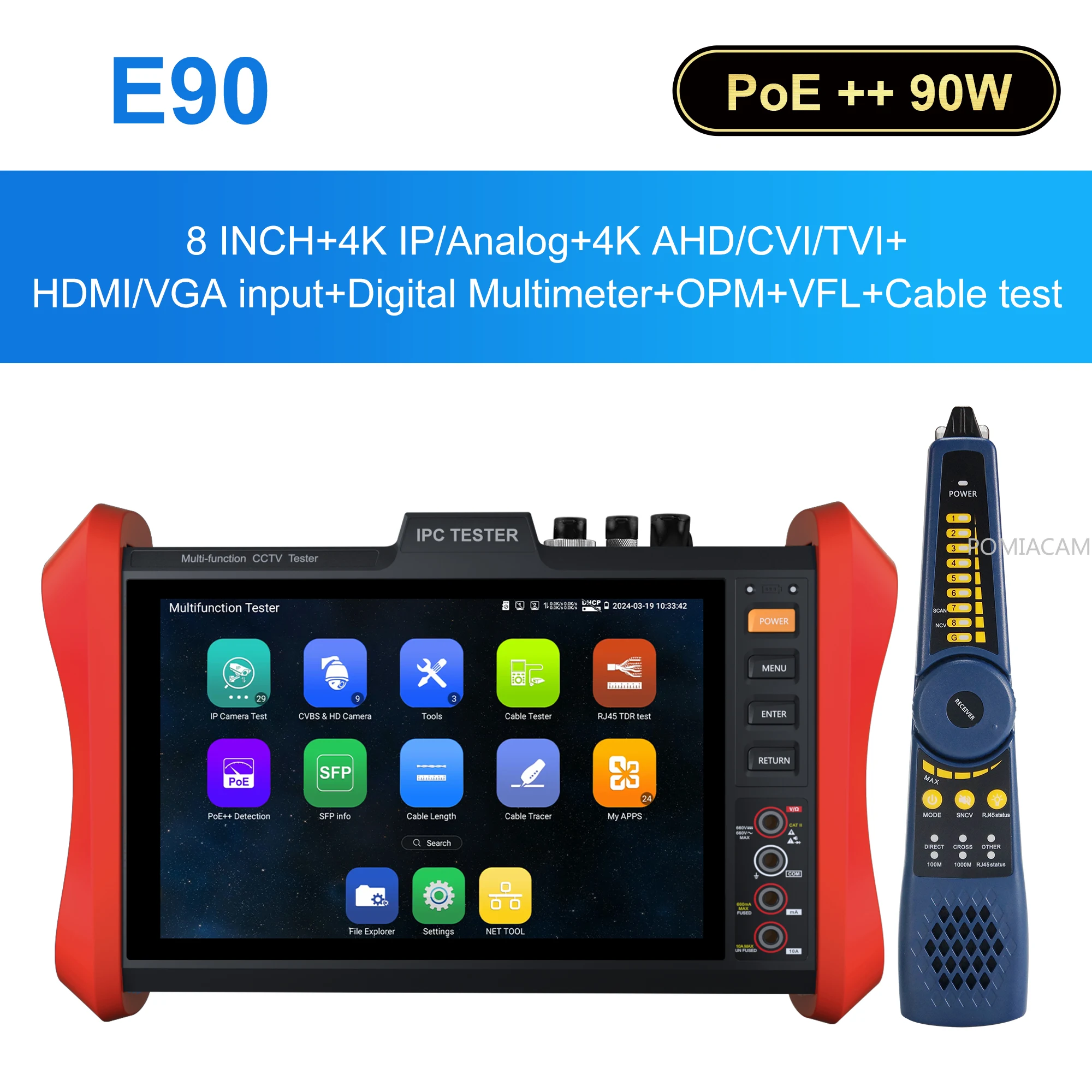 

Тестер для камер видеонаблюдения E90 8 дюймов с монитором, POE++ 90W, SFP, 4K, H.265, IP, 8MP, AHD/TVI/CVI, HDMI, VGA входом, кабельный тестер E88/E89/E90