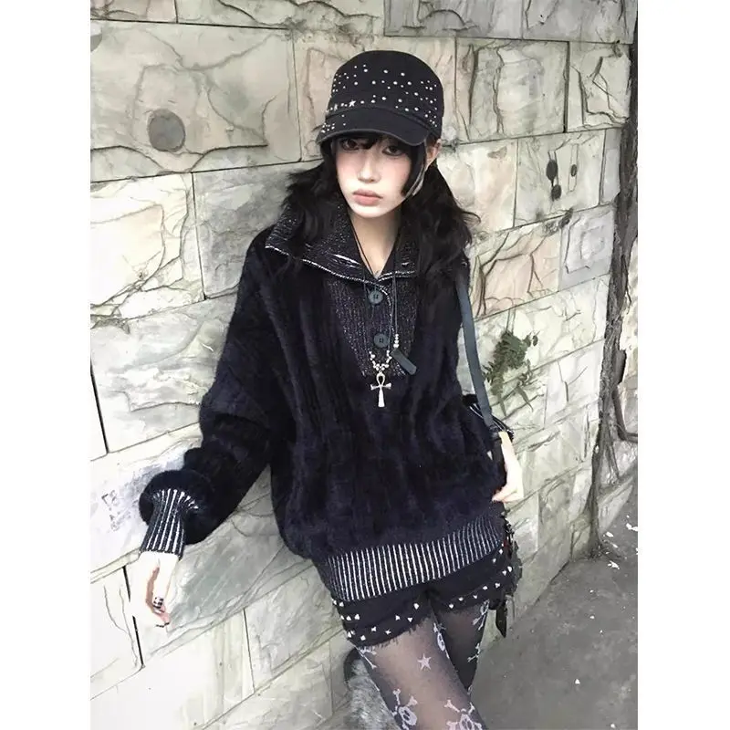 Y2k Vintage Gothic Style Sweater Black Women Casual Pullover American Retro Subculture Faux Fur Patchwork Autumn Winter 2026