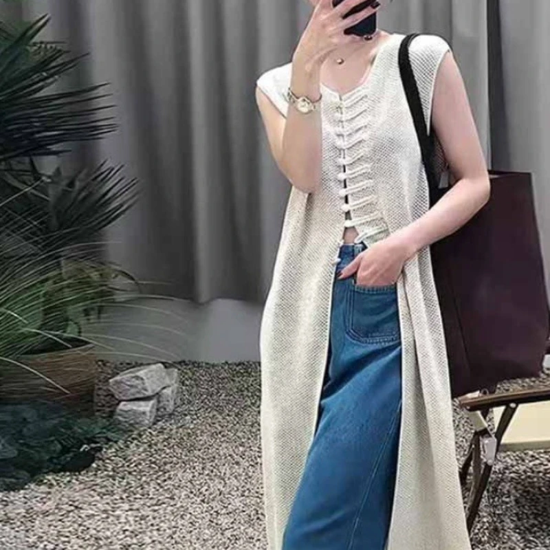 

New Chinese Retro Vest Skirt Split Buckle Openwork Knitted Sleeveless Dress 2025 Summer Women's Long Skirt