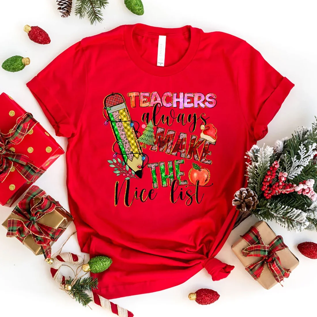 Funny Christmas Teachers Always Make The Nice List Printed Shirt Women\'S Casual Personality T-Shirt Unisex Summer Cute tops