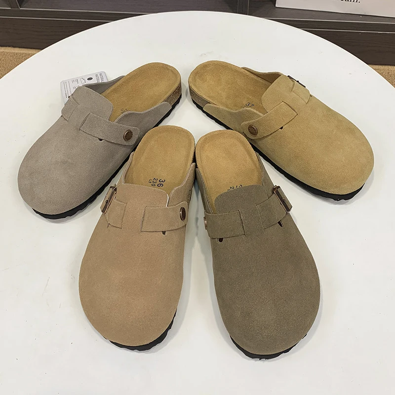 

Genuine leather cowhide cork-soled closed-toe mules for men and women, casual and fashionable for outdoor wear,Arch-support Germ