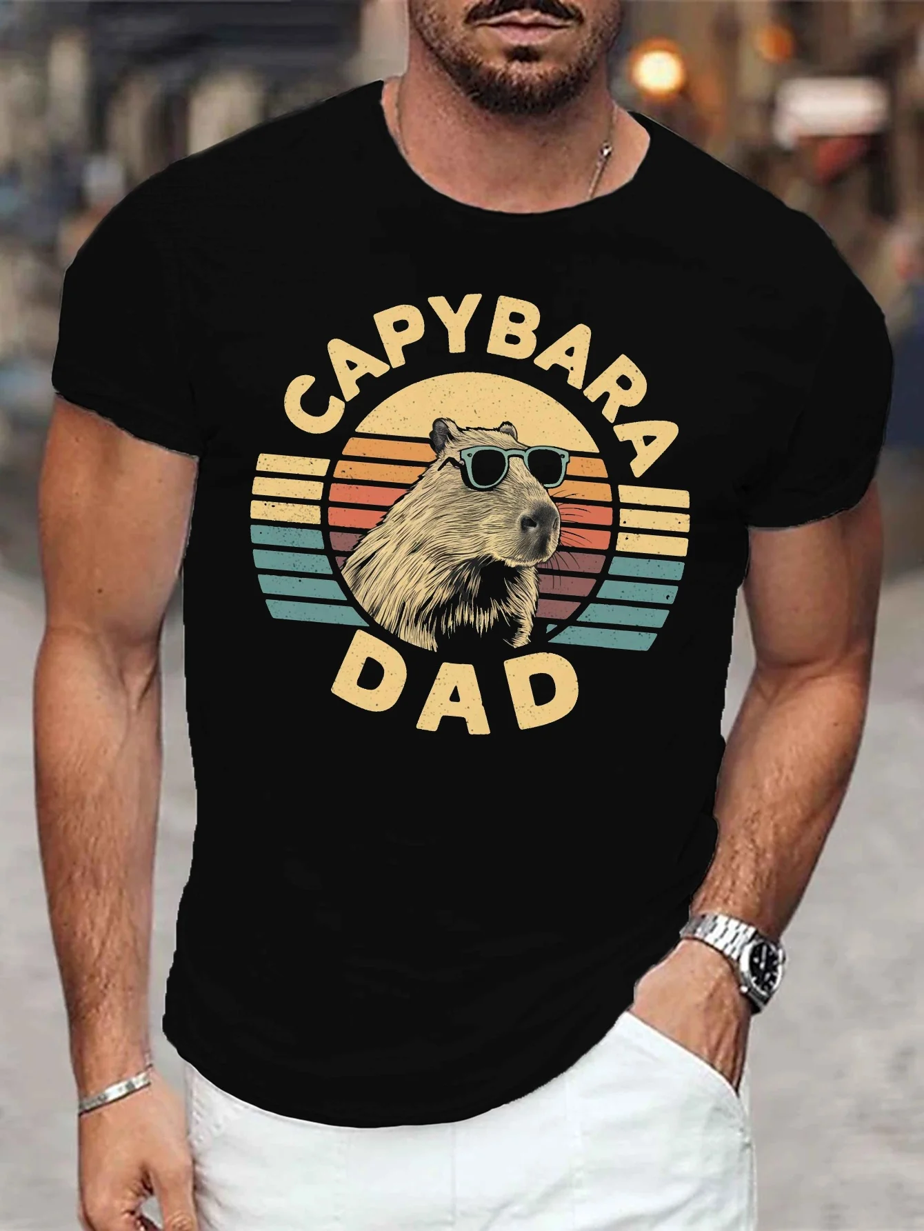 

Men'S Casual Crew Neck T-Shirt with Capybara Dad Print, 100% Polyester Knit Fabric, Slight Stretch,