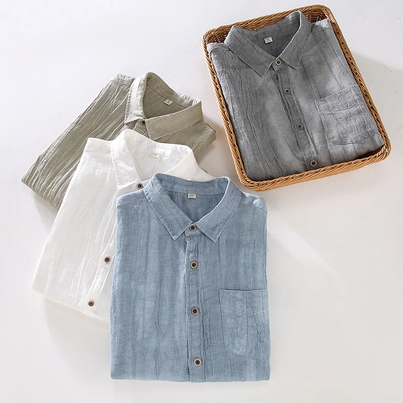 

Тонкие, легкие в уходе льняные рубашки из 100% льна для мужчин, с короткими рукавами, изысканного летнего качества, дышащие, однотонные, классические, Camisas De Hombre