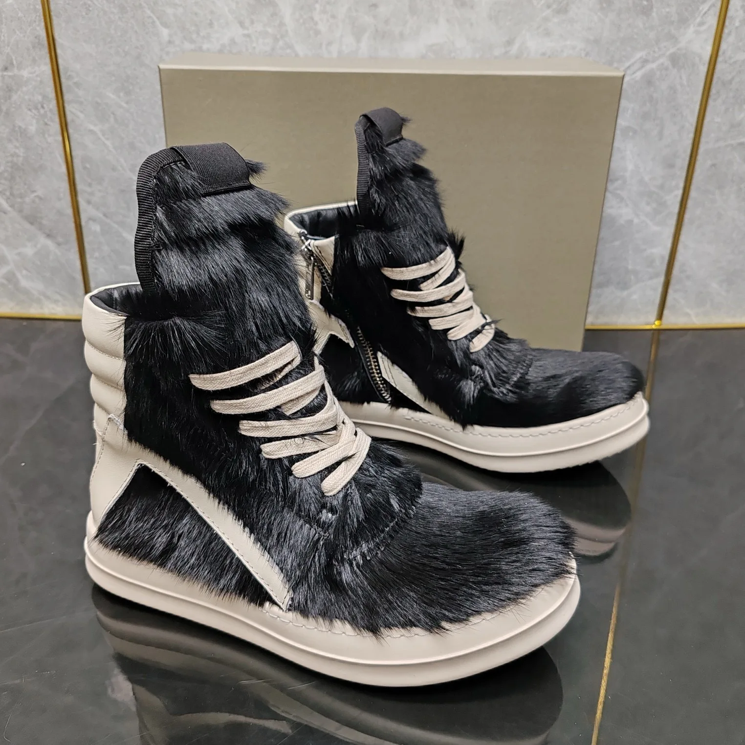 Round Owens black horse hair inverted triangle high-top zipper men's shoes Harajuku style couple shoes high-end customization.