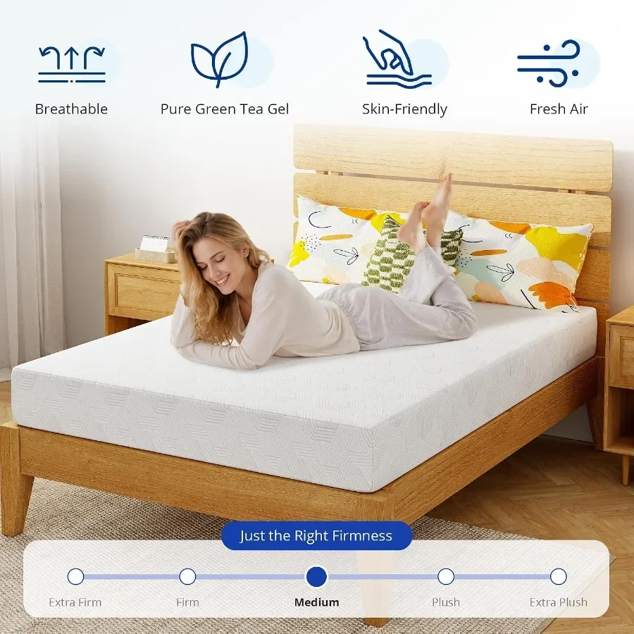 Size Memory Foam Mattress for Bedroom Use, Green Tea Gel Cooling Memory Foam, Green Color, Medium-Firm Support