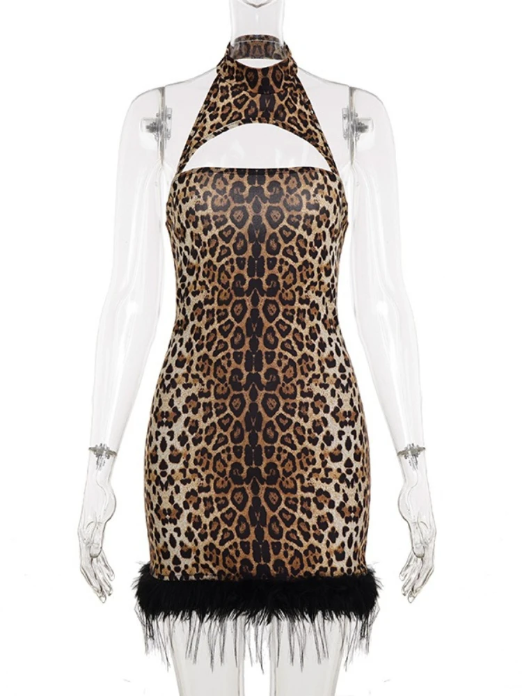 SsTss Sexy Neckholder-Kleid mit Leopardenmuster für Damen, modisch, pelziger Saum, Ausschnitt vorne, ärmellos, rückenfrei, schlank, figurbetont, Club-Minikleid