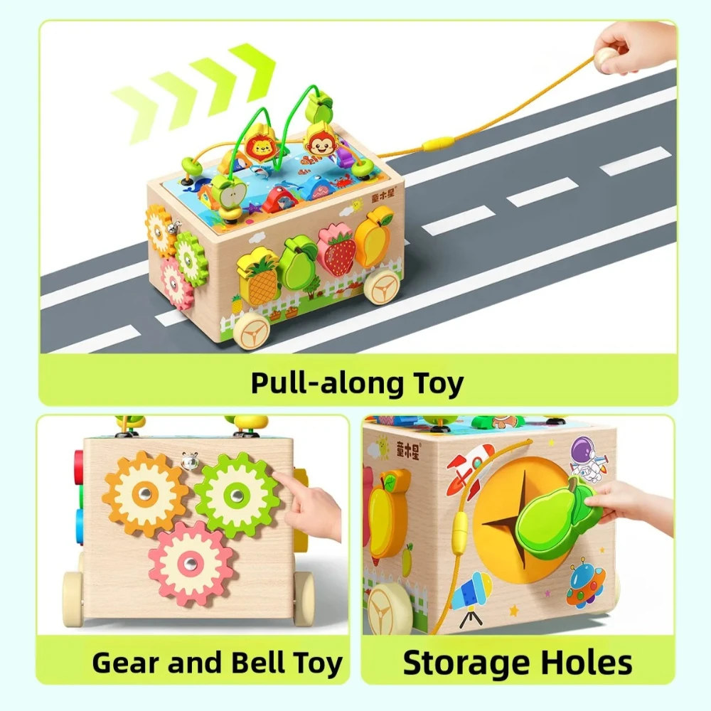 Wooden Intelligence Pull Along Car Toy Fruit Matching Puzzle Gear Game Building Blocks Developmental Educational Toy