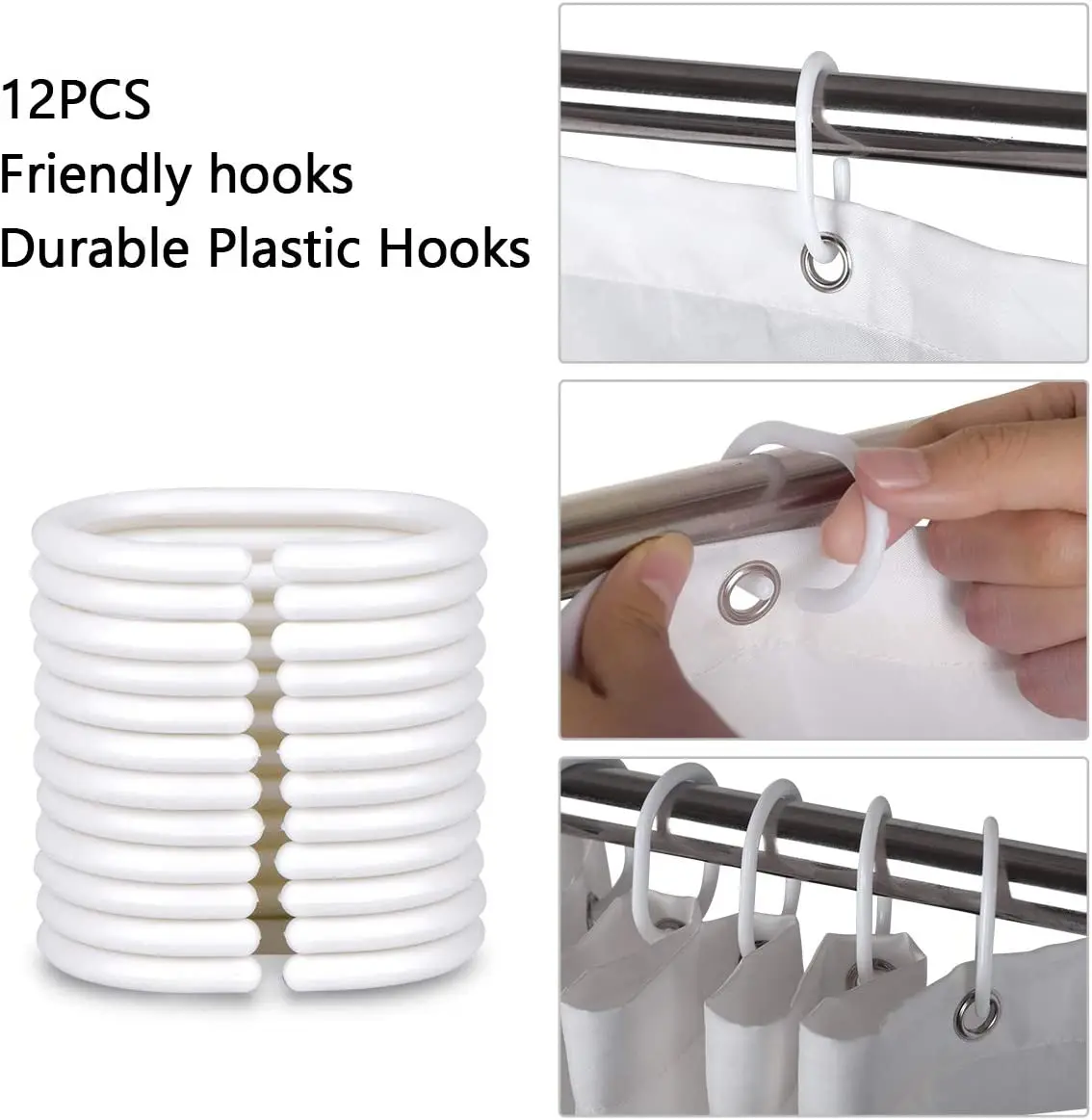 Shower curtain polyester machine washable with 12 hooks (Gradient light blue)