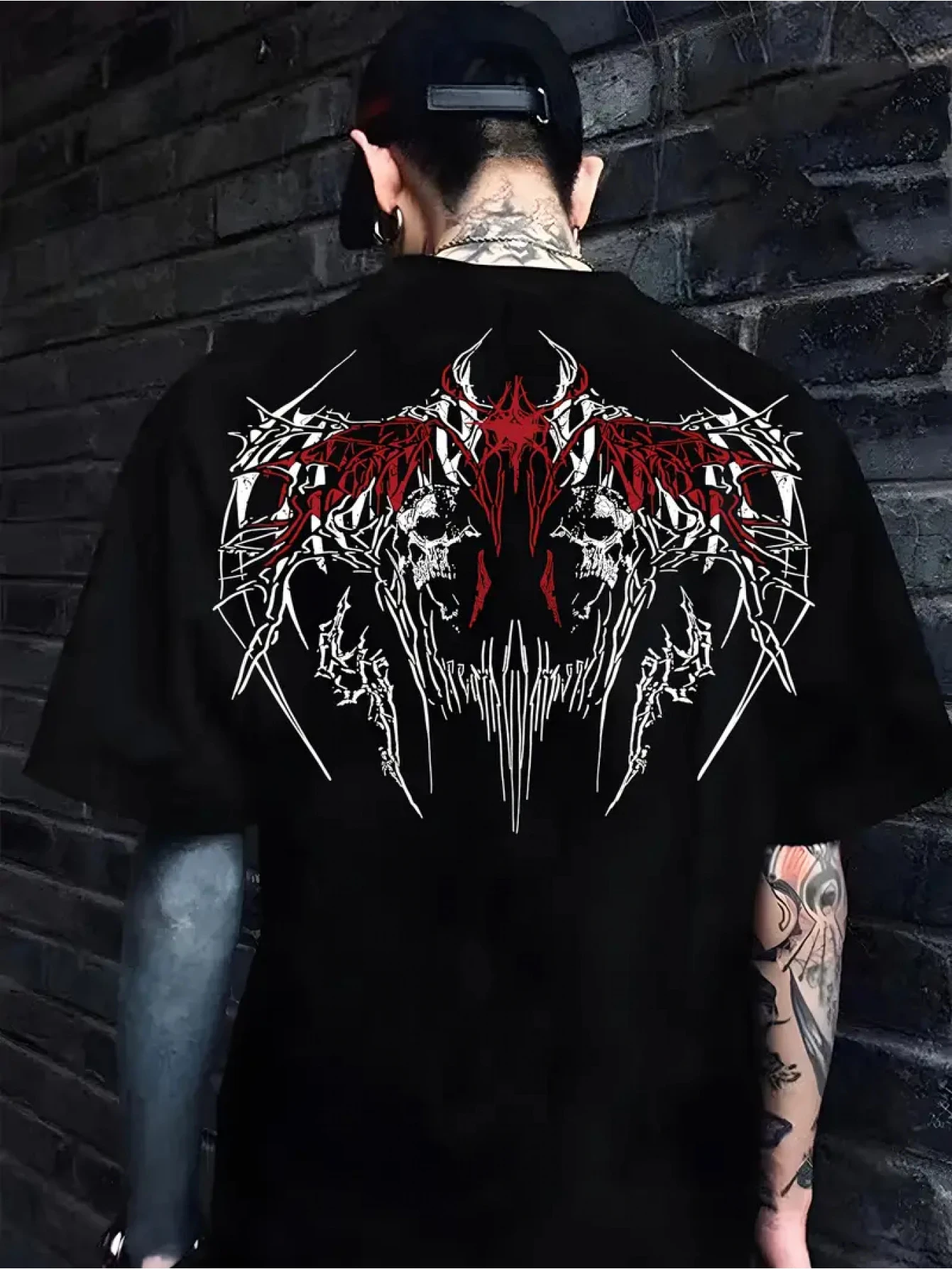 Fantasy T-Shirt with Skull & Bat Wing Print - Short Sleeve Round Neck Casual Shirt, Breathable Polyester Suitable for Casual