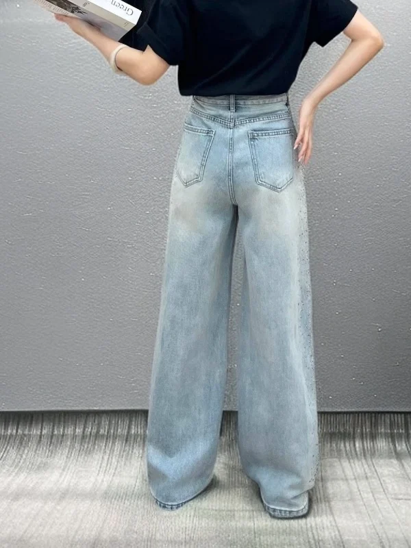 

Spring High Waist Straight Leg Diamond Embellied Wide Leg Jeans Floor Length Pants Casual Sle Multi ket Water Waed