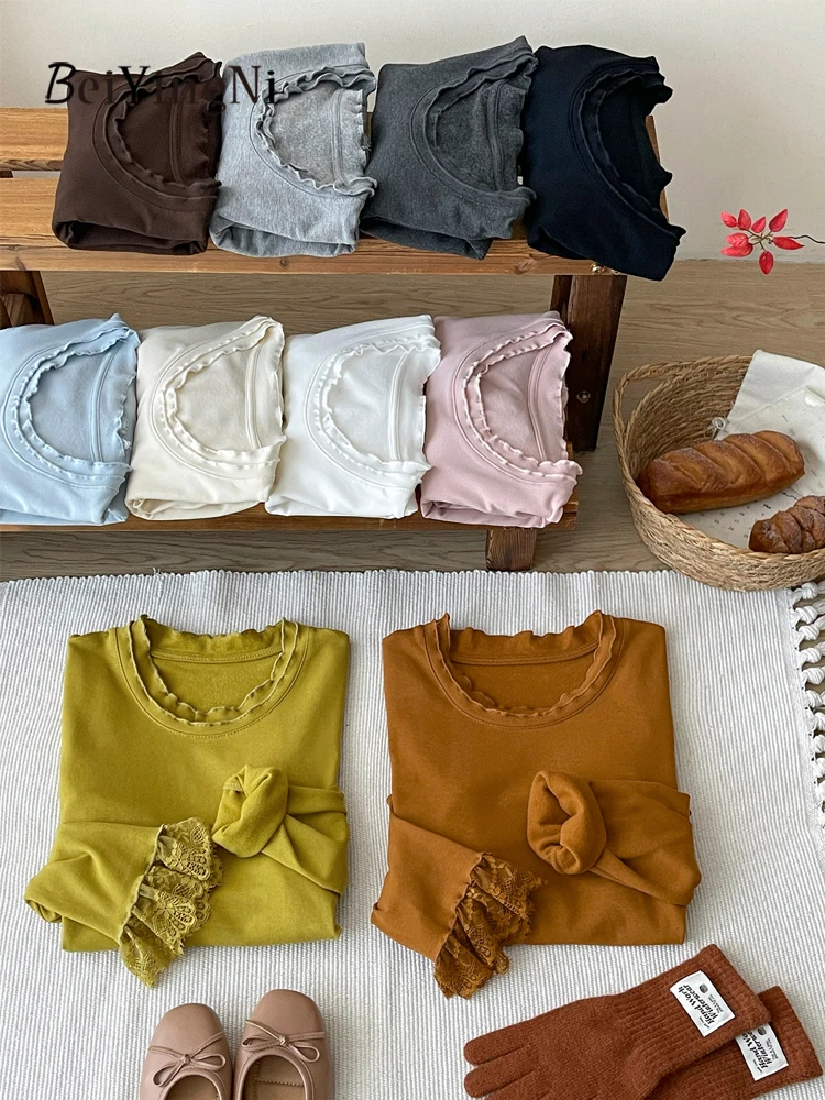 Beiyingni موضة جديدة تي شيرت الإناث الفرنسية الصالحة للأكل شجرة الفطريات الدانتيل تقسم سليم القمم المرأة الأساسية عادية كم طويل تي شيرت #3