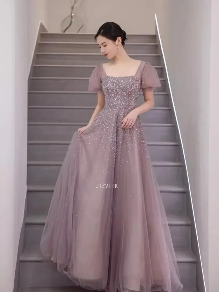 Vestido largo de fiesta de noche para banquete Niche 2025 nuevo velo de lentejuelas de gasa rosa cuello cuadrado con espalda descubierta vestido Formal elegante para mujer