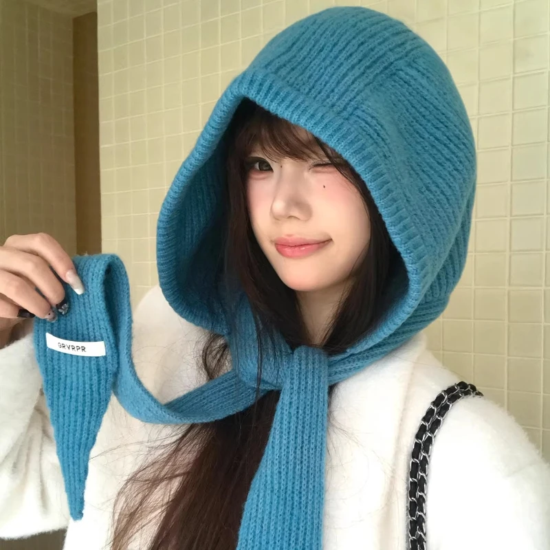 

Модные синие вязаные шапки-балаклавы для женщин, осенне-зимние повседневные универсальные теплые шапки-бомберы с защитой шеи