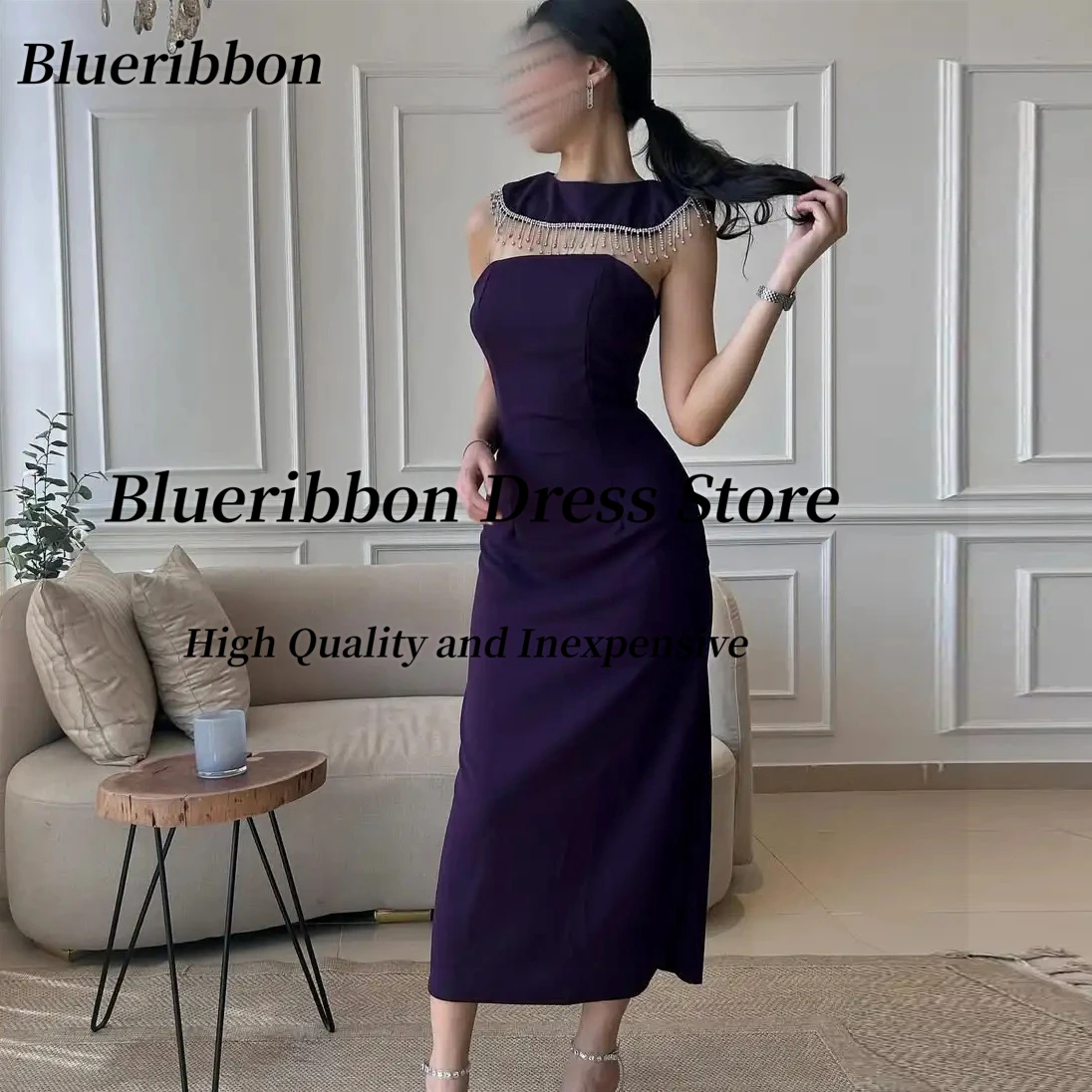 Blueribbon Strapless Prom Dresses Beading Tassels Shawls Cocktail Party Dress Ladies Wear Holiday Evening Gowns Customized