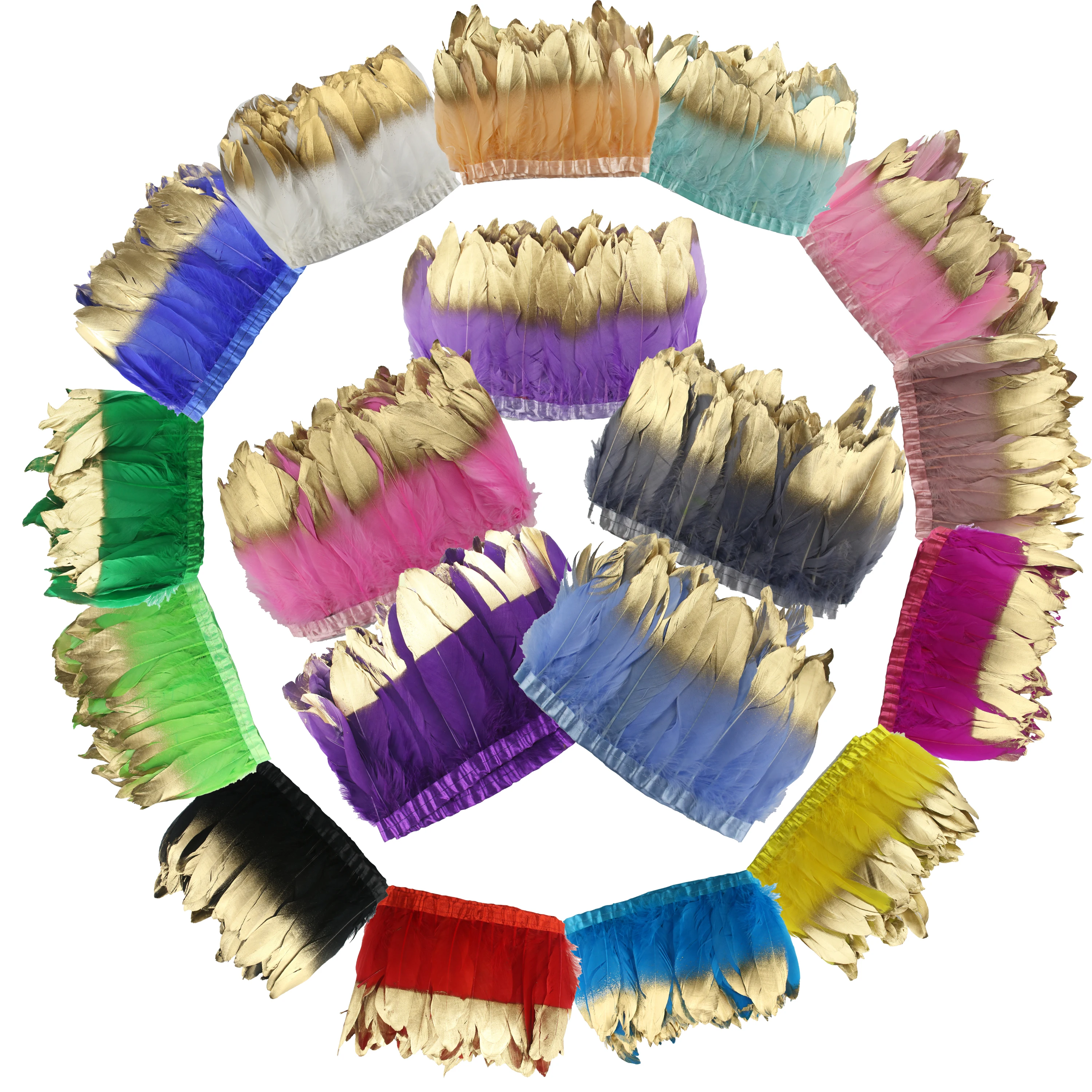

Gold Goose Feather Fringe Trim Satin Header 6-8 Inch 15-20 Cm Width 2 Meter Pack Head Gold