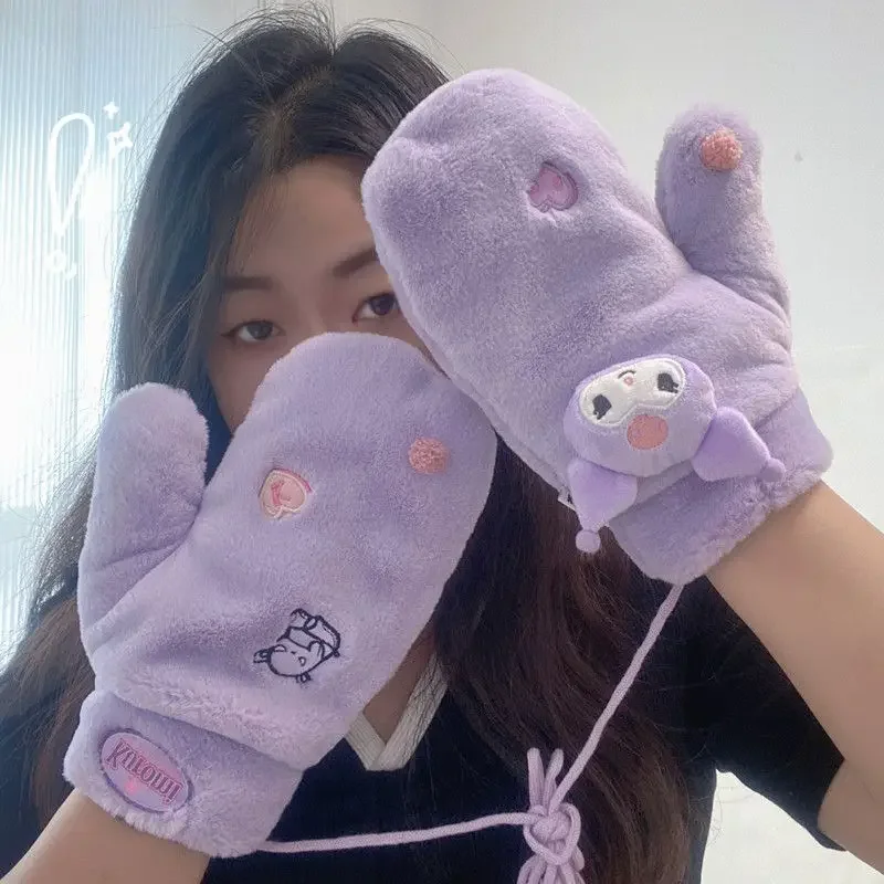 Japanese Sanrio gloves for women in winter thickened, warm and cute Kuromi My melody Pochacco kawaii mittens plush gloves