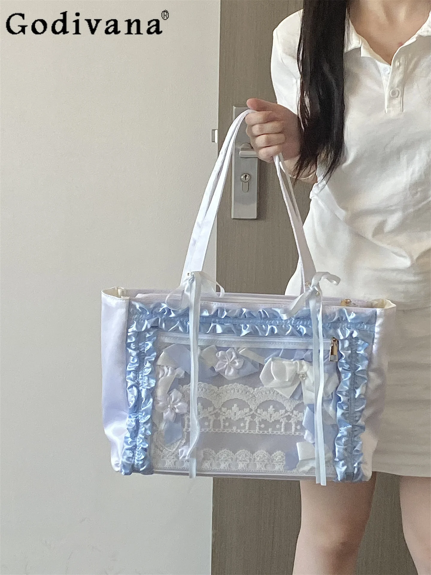 

Большая вместительная аниме-кружевная атласная сумка для боли в стиле Лолиты, студенческая оригинальная японская повседневная сумка на плечо для поездок на работу