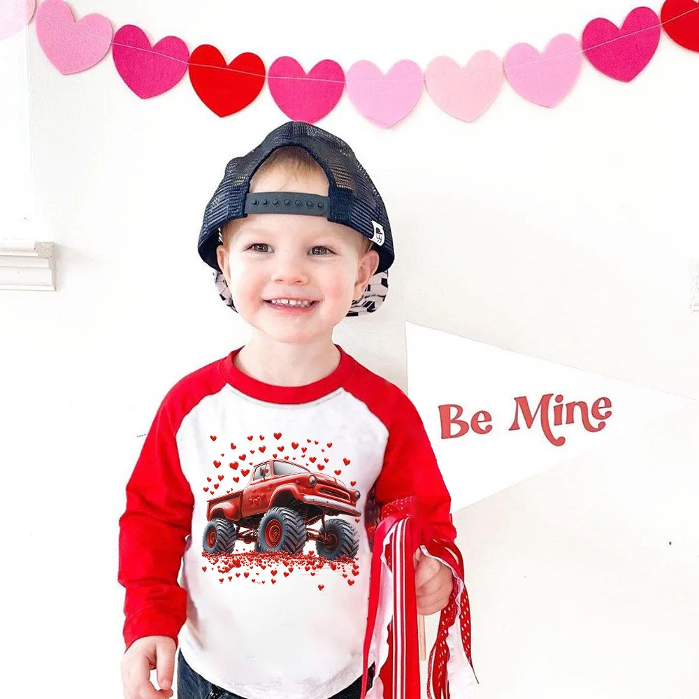 Valentine‘s Truck Printed Kids Shirts Valentine Day Party Child Round Neck T-shirt Boys Girls Raglan Sleeve Tee Holiday Clothes