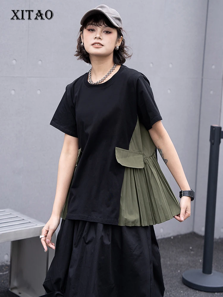 

XITAO Pleated Patchwork T-shirt Loose Casual Contrast Color Fashion Simplicity Spring Summer New Women T-shirt Top GJ1005